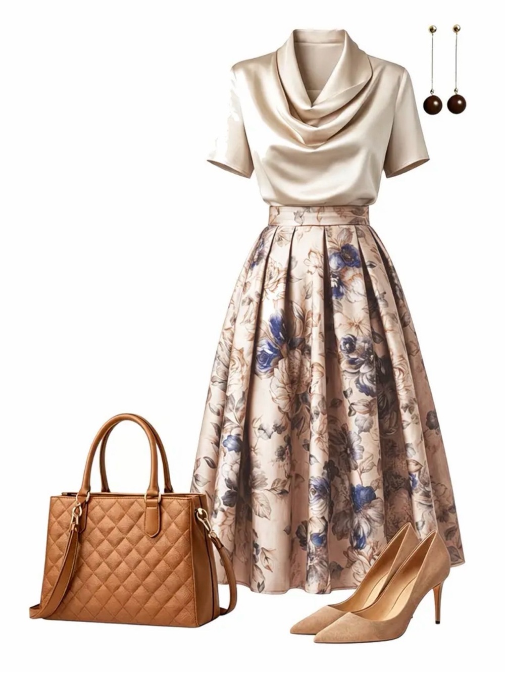 Elegant Cream Floral A-Line Midi Skirt